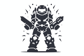 Silhouette Armored Soldier Holds Guns, SciFi Warrior on White Background