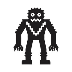 Silhouette Monster with Spiked Hair, Sharp Teeth, Geometric Body on White