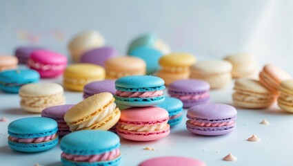 Obraz premium Colorful macarons scattered on a light blue surface with a soft pastel background.