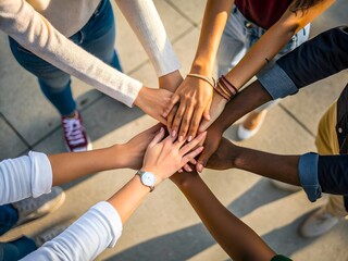 Stack of hands showing unity and teamwork
