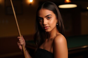 Confident Woman Holding Pool Cue in Nightclub Setting