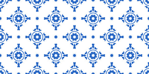 Blue Flower geometric seamless pattern, Mediterranean Ceramic. Sicilian, Portuguese, Spanish tile traditional design, porcelain pottery. Vector isolated on white background