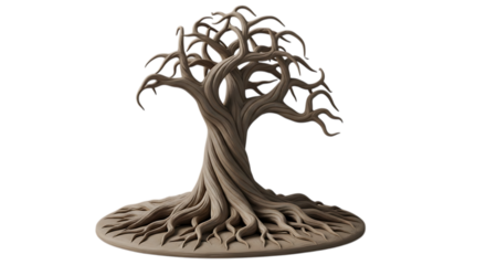 Brown Tree with Exposed Roots on White Background