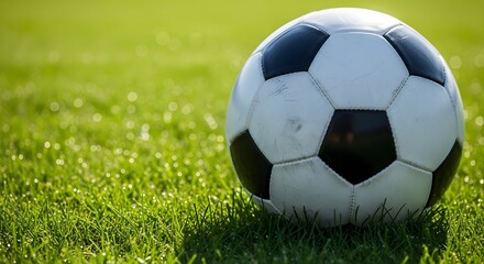 Soccer ball on dew covered grass at sunrise