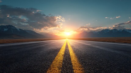 3D rendering of straight asphalt road with yellow lines leading into beautiful sunset, green fields on both sides, distant mountains, sun shining brightly casting long shadows over endless horizon.
