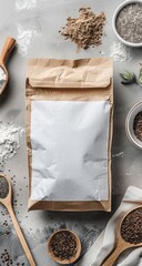 A top-down view of a kraft paper bag with a blank white label, surrounded by various ingredients and utensils