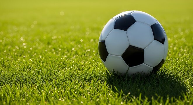 Soccer ball on green grass field in sunlight