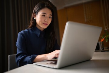 Young Woman Working on Laptop at Desk, Focus on Face, Copy Space
