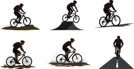 Fototapeta premium Black silhouette cyclists, biking activities, mountain bike, road cycling, tricks, jumps, muddy terrain, sports, outdoor, lifestyle, vector illustration, design element