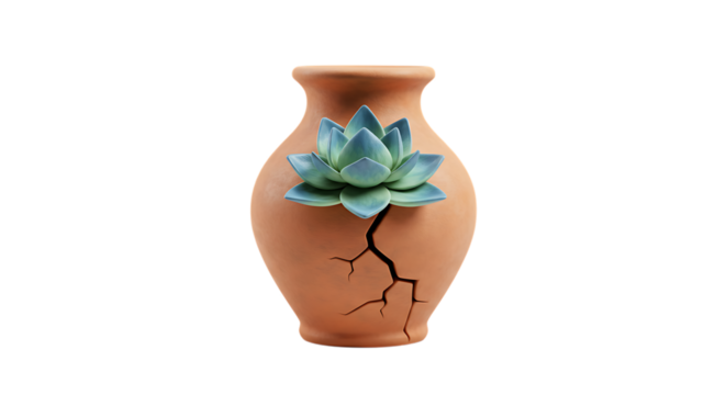 3d inner peace clay icons cracked terracotta vase with a succulent plant isolated on transparent background - Powered by Adobe