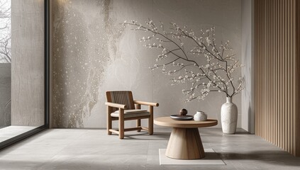Modern, minimalist Zen room with light beige tones, featuring a wooden chair and low coffee table, cherry blossom branch in a vase, and large windows