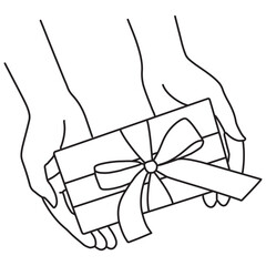 Woman holding gift box .Hand-drawn line art of  handholding gift box.Valentine's Day celebration.Vector illustration
