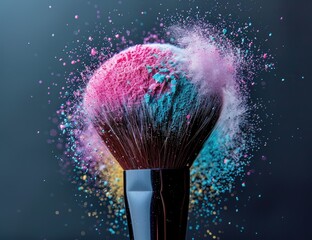 A makeup brush exploding with colorful powder. 