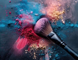 Colorful makeup powders and brush on dark surface