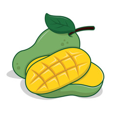 Fresh Green and Ripe Mangoes with Leaf, Cross-Section Reveal, and Shadow