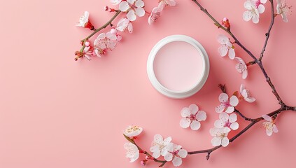 Pink cosmetic jar, surrounded by spring blossoms