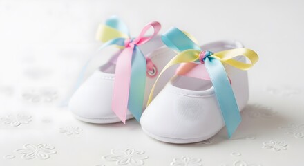 Pair of White Baby Shoes with Pastel Ribbons on White Background.