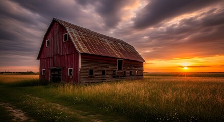 Fototapeta premium Rustic Red Barn at Sunset in a Field with Dramatic Sky.