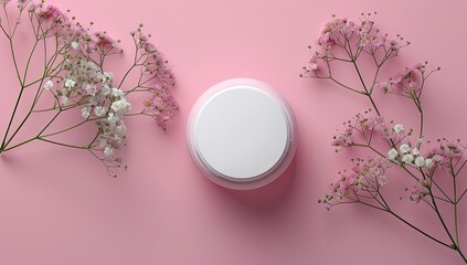 Pink cosmetic product display with flowers.  A round, white, blank container, resembling a cream jar or moisturizer, sits atop a pale pink surface.  