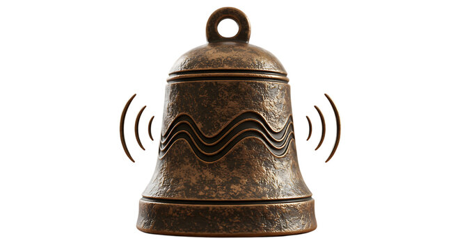 3d inner peace clay icons antique bronze bell with wavy pattern isolated on transparent background