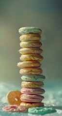 Stacked colorful cookies, vertically arranged, soft pastel hues, light and airy