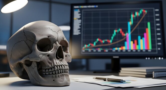 Skull on Desk with Stock Chart, Financial Risk Concept. - Powered by Adobe