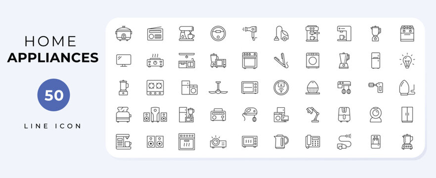 Home Appliances thin icons .Related icon set of household, kitchen machines: blender, food processor, mixer, coffee maker, toaster, and more vector line icon collection