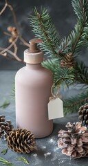 Muted mauve bottle, nestled amongst pine boughs and cones