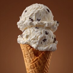 Two scoops of creamy, vanilla ice cream with chocolate chip inclusions on a waffle cone