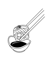 Chopsticks with sushi piece roll,Hand-drawn line of sushi, Roll Sushi , japanese, food, roll, culture, tasty, restaurant, japan, asian, sea, menu,Vector illustration