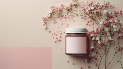 Pink cosmetic jar with flowers