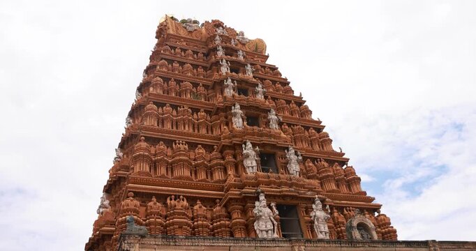Side view of 300 year old ancient Hindu Temple at Nanjangud, Mysore. South Indian style temple Complex with the Temple Tower (Gopuram). Mysuru, Karnataka, India