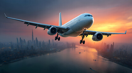 Obraz premium Airplane approaching city skyline at sunset.