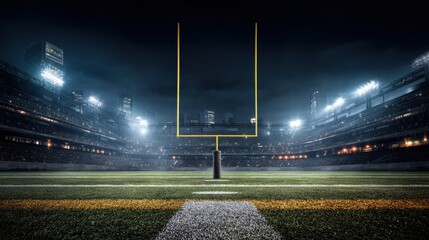 Commercial high-resolution photo of american football on the field at night with goal post and stadium lights in the background view at gorund level.