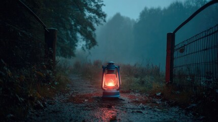 A glowing lantern sits on a misty path, framed by gateposts. Trees recede into the fog, creating a tranquil, moody scene with a sense of mystery
