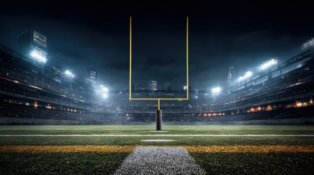 Commercial high-resolution photo of american football on the field at night with goal post and stadium lights in the background view at gorund level.