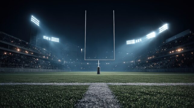 Commercial high-resolution photo of american football on the field at night with goal post and stadium lights in the background view at gorund level.