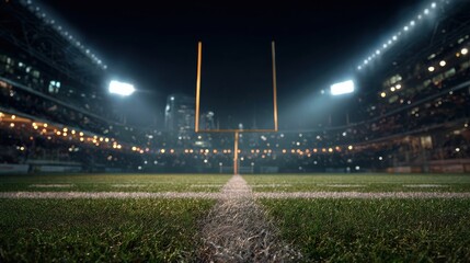 Commercial high-resolution photo of american football on the field at night with goal post and stadium lights in the background view at ground level.