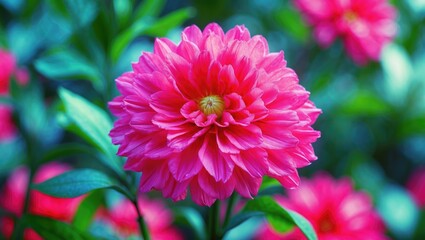 Fototapeta premium Colorful flower with pink petals and green leaves, vibrant floral bloom.