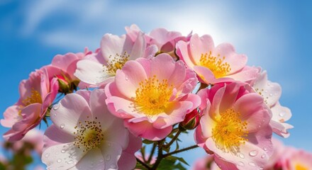 Fototapeta premium Delicate Pink and White Wild Roses Blooming Under a Bright Blue Sky