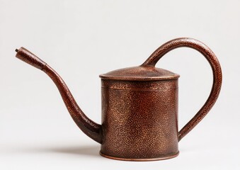 Antique copper watering can.  Solid, textured copper watering can with a curved handle and a rounded top.  Classic garden tool