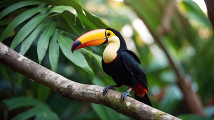 Naklejka premium Colorful toucan perched on a branch with lush green foliage in the background.