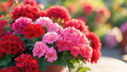 Colorful flowers in shades of red and pink blooming in a garden setting.