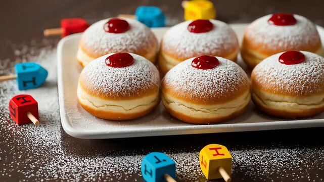 Sufganiyot and dreidels on a white platter with powdered sugar
