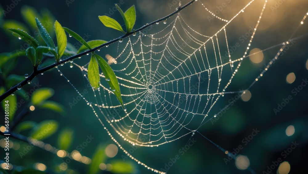 Wall mural deer web with dew drops on the branch and leaves in morning sunlight. nature and arachnid spider web