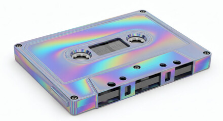 Retro Holographic Cassette Tape Isolated on White Background Displaying a Nostalgic Musical Format