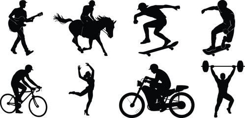 Black silhouette people, guitar playing, horse riding, skateboarding, cycling, dancing, motorcycling, weightlifting, sports, hobbies, lifestyle, vector illustration, design element