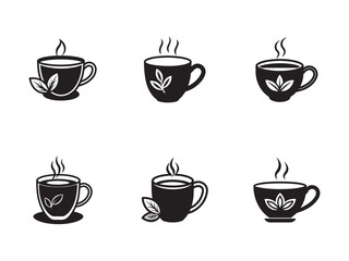 Collection of Tea Cup Vector Graphics with Herbal Design Elements Representing Natural and Healthy Beverages