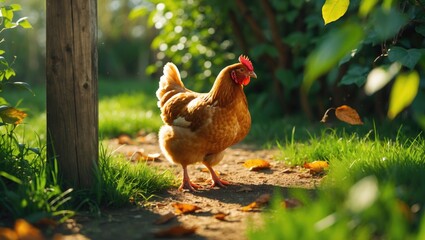 Fototapeta premium A chicken walking along a path in a garden with green foliage and fallen leaves.