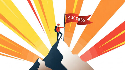 Man plants flag labeled 'success' atop snowy mountain peak against radiant sunrise, symbolizing achievement and triumph in challenging conditions.